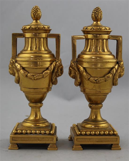 A pair of early 20th century ormolu cassolettes, 6.75in.